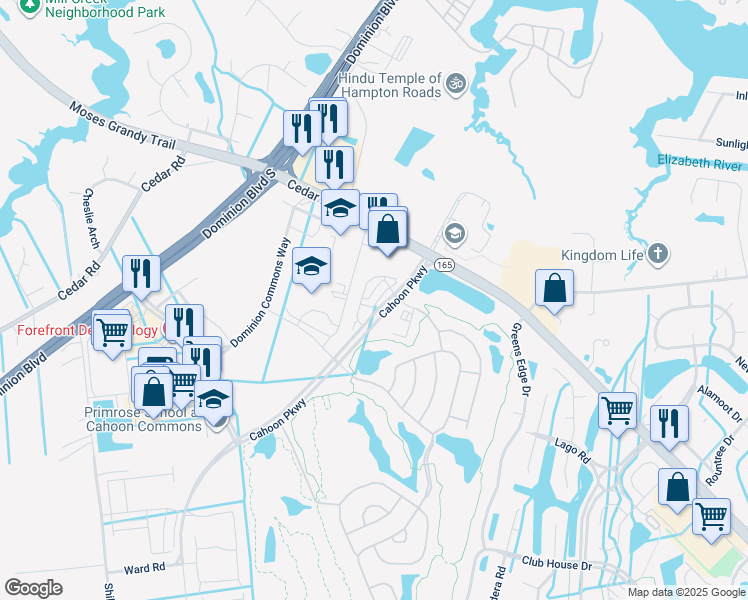 map of restaurants, bars, coffee shops, grocery stores, and more near 413 Abelia Way in Chesapeake
