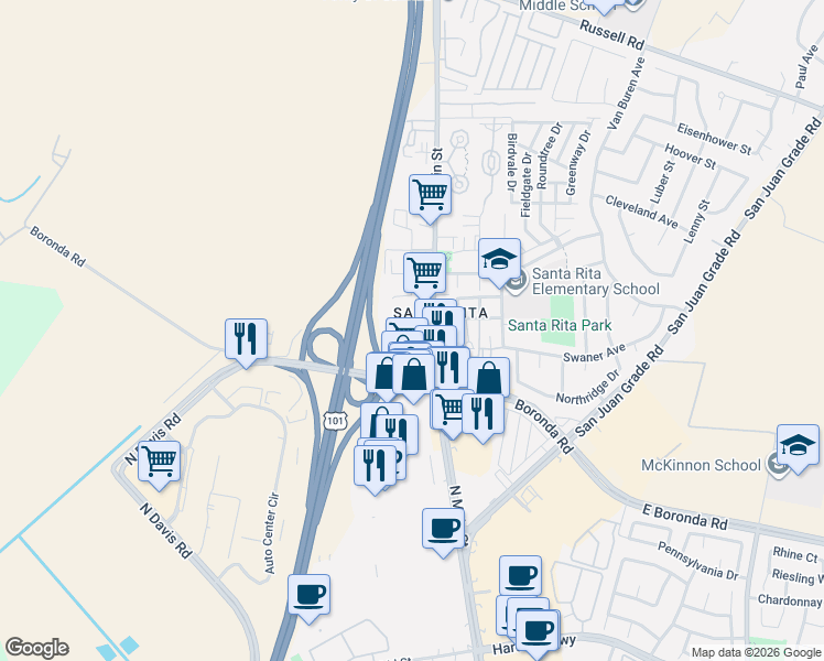 map of restaurants, bars, coffee shops, grocery stores, and more near 77-101 West Lamar Street in Salinas