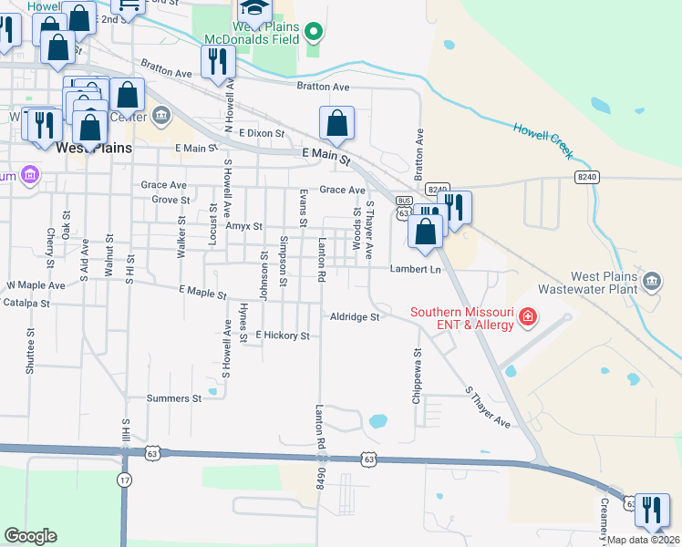 map of restaurants, bars, coffee shops, grocery stores, and more near 1106 Lambert Lane in West Plains
