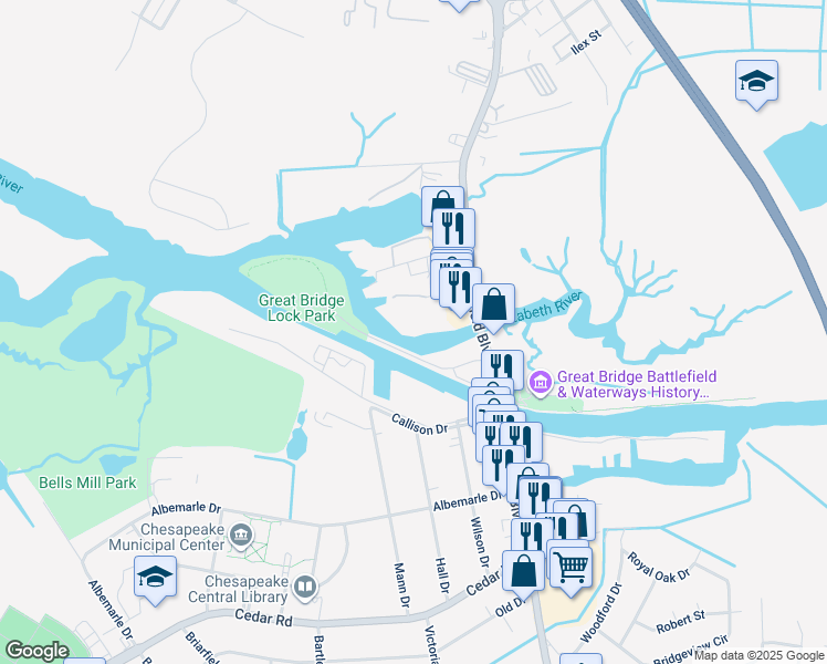 map of restaurants, bars, coffee shops, grocery stores, and more near 137 Harbor Watch Drive in Chesapeake