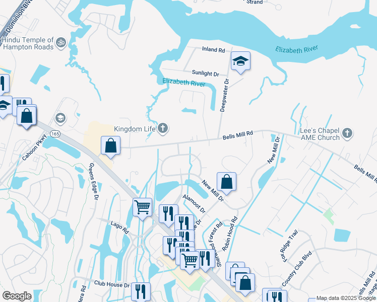 map of restaurants, bars, coffee shops, grocery stores, and more near 1408 New Mill Drive in Chesapeake