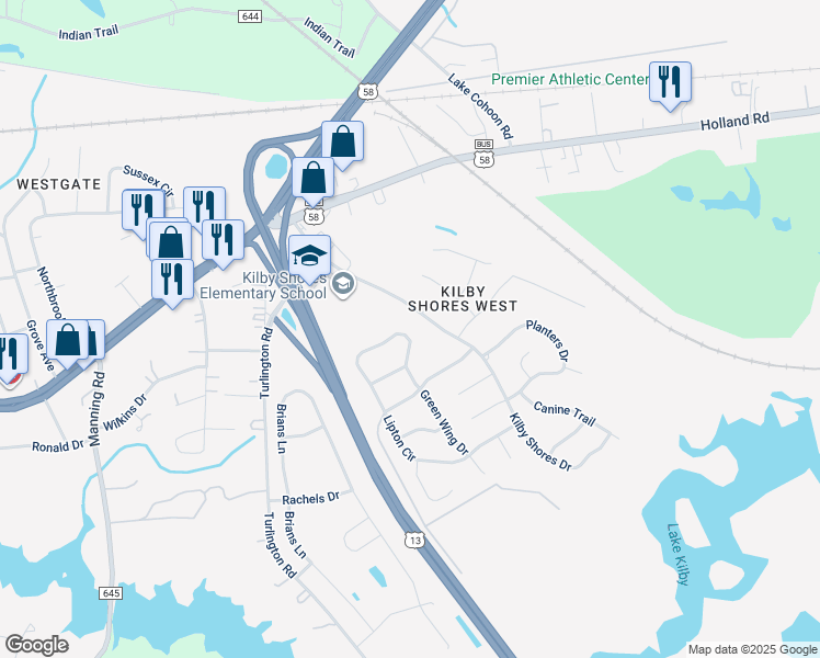 map of restaurants, bars, coffee shops, grocery stores, and more near 1311 Pheasant Circle in Suffolk