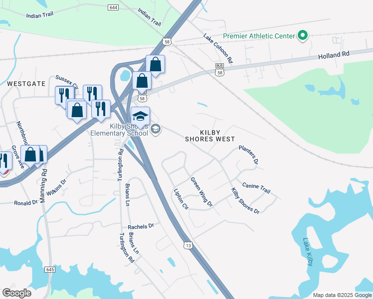 map of restaurants, bars, coffee shops, grocery stores, and more near 1311 Pheasant Circle in Suffolk