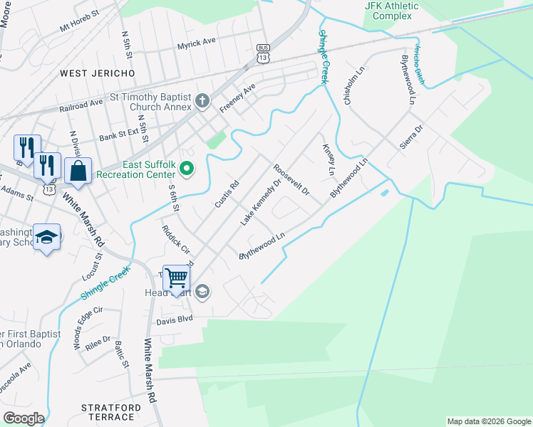 map of restaurants, bars, coffee shops, grocery stores, and more near 657 Adkins Circle in Suffolk