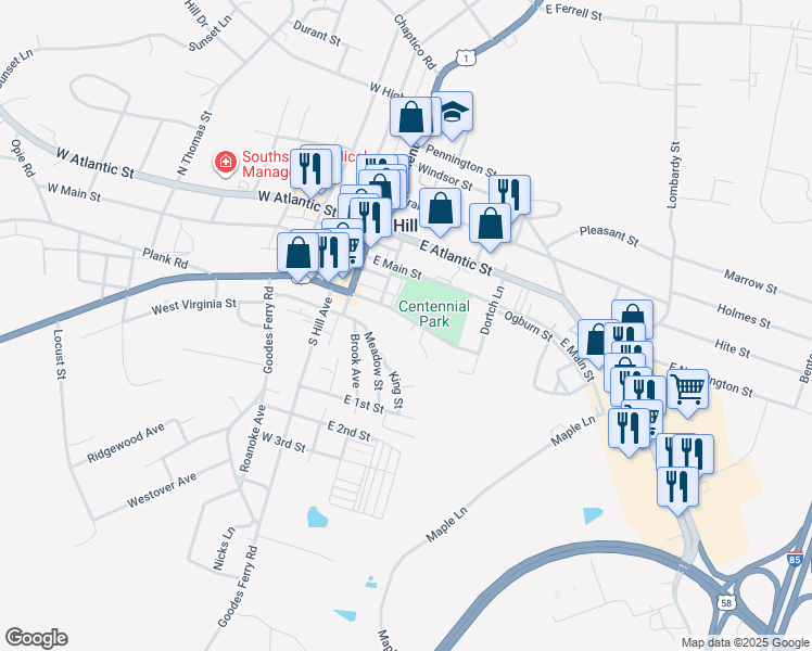 map of restaurants, bars, coffee shops, grocery stores, and more near 226 East Danville Street in South Hill
