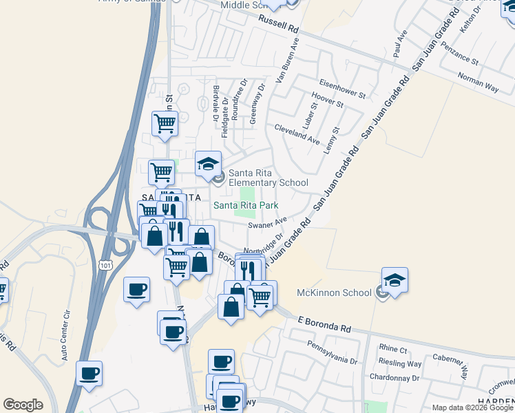 map of restaurants, bars, coffee shops, grocery stores, and more near 13433 Jackson Street in Salinas