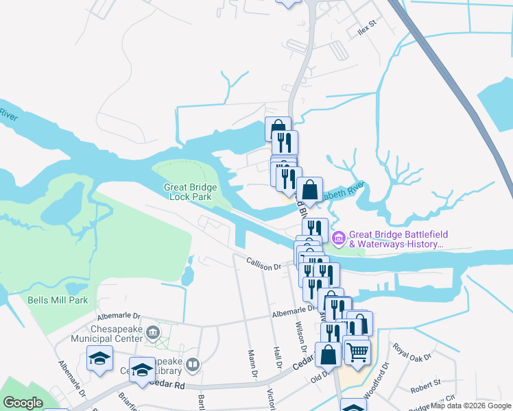 map of restaurants, bars, coffee shops, grocery stores, and more near 137 Harbor Watch Drive in Chesapeake