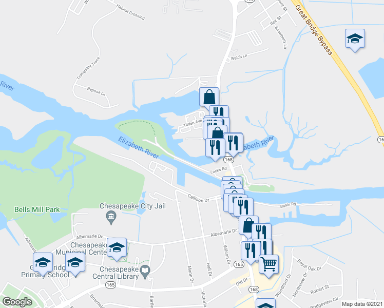 map of restaurants, bars, coffee shops, grocery stores, and more near 175 Harbor Watch Drive in Chesapeake