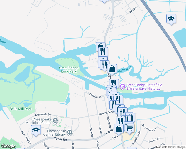 map of restaurants, bars, coffee shops, grocery stores, and more near 137 Harbor Watch Drive in Chesapeake
