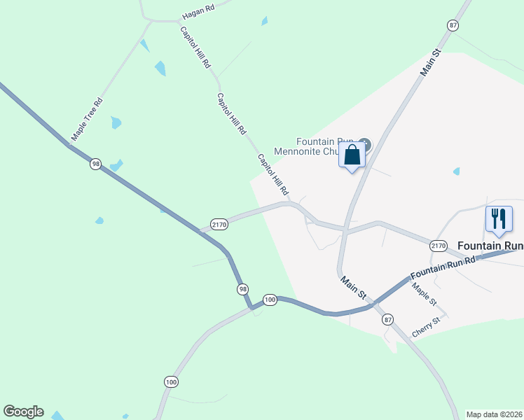 map of restaurants, bars, coffee shops, grocery stores, and more near 478 Mill Street in Fountain Run