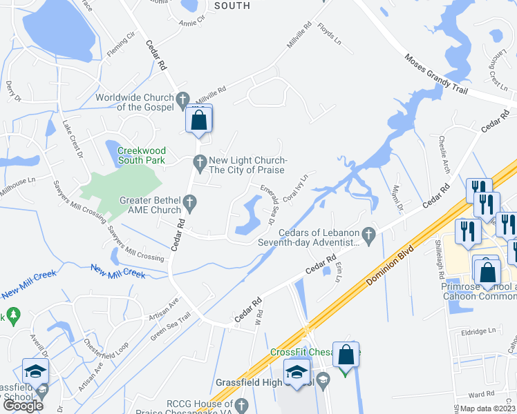 map of restaurants, bars, coffee shops, grocery stores, and more near 714 Barbury Arch in Chesapeake
