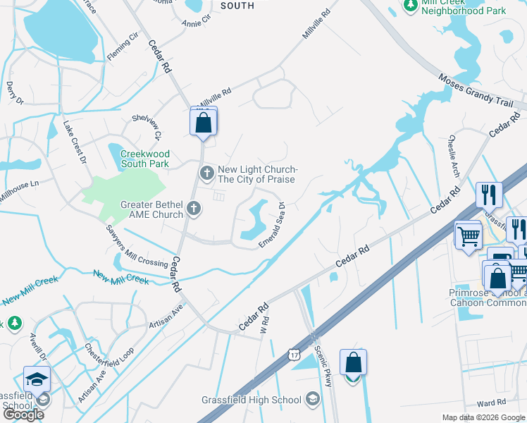 map of restaurants, bars, coffee shops, grocery stores, and more near 714 Barbury Arch in Chesapeake