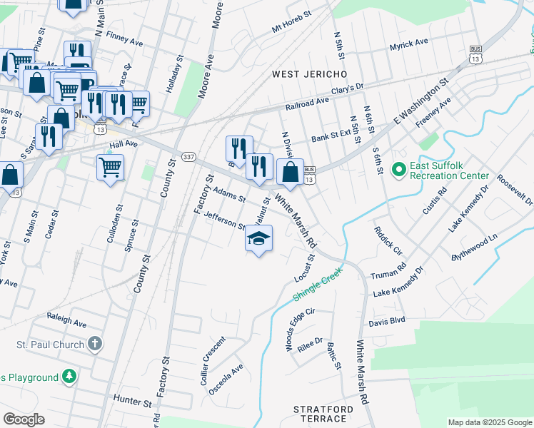 map of restaurants, bars, coffee shops, grocery stores, and more near 803 Adams Street in Suffolk