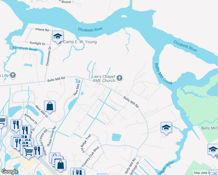map of restaurants, bars, coffee shops, grocery stores, and more near 1060 Bells Mill Road in Chesapeake