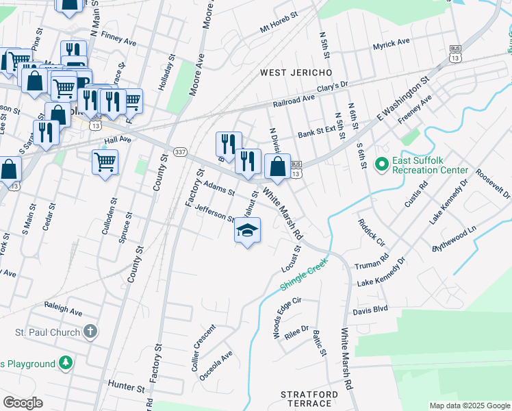 map of restaurants, bars, coffee shops, grocery stores, and more near 803 Adams Street in Suffolk