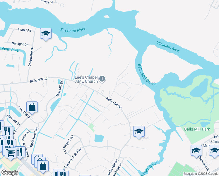 map of restaurants, bars, coffee shops, grocery stores, and more near 1012 Bells Mill Road in Chesapeake