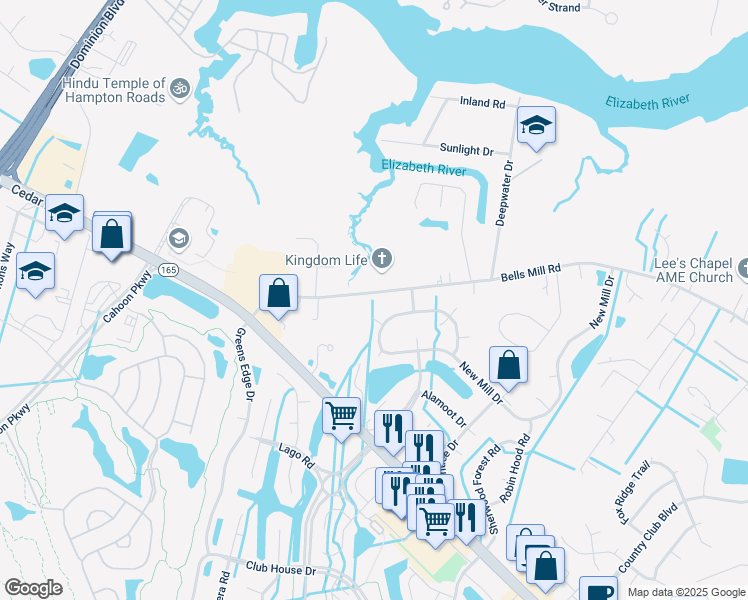 map of restaurants, bars, coffee shops, grocery stores, and more near 1340 New Mill Drive in Chesapeake