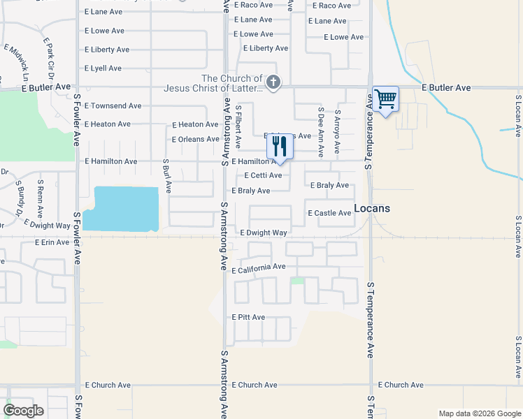 map of restaurants, bars, coffee shops, grocery stores, and more near 6577 East Castle Avenue in Fresno