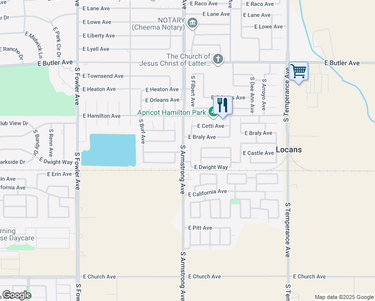 map of restaurants, bars, coffee shops, grocery stores, and more near 947 South Filbert Avenue in Fresno