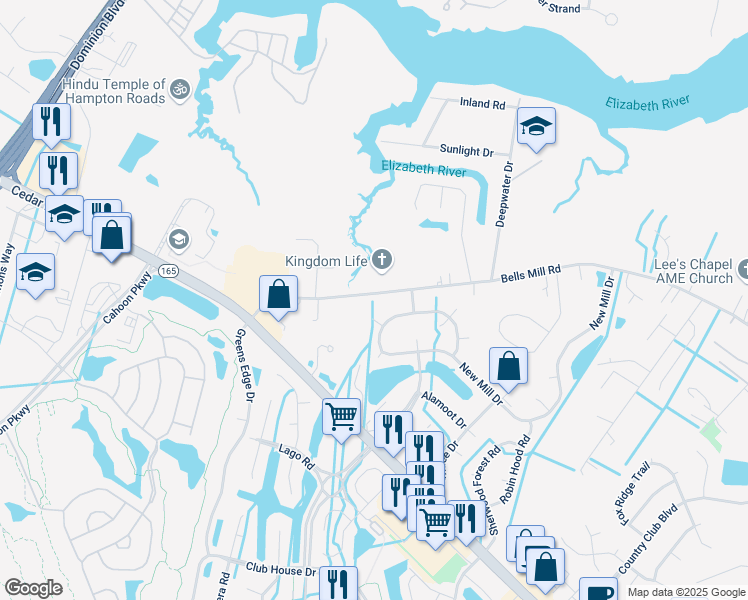 map of restaurants, bars, coffee shops, grocery stores, and more near 1340 New Mill Drive in Chesapeake