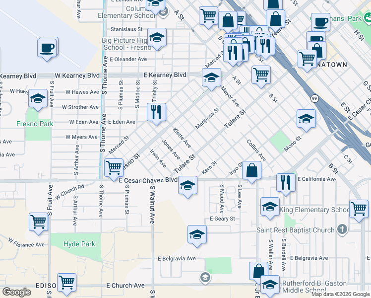 map of restaurants, bars, coffee shops, grocery stores, and more near 1028 Jones Avenue in Fresno
