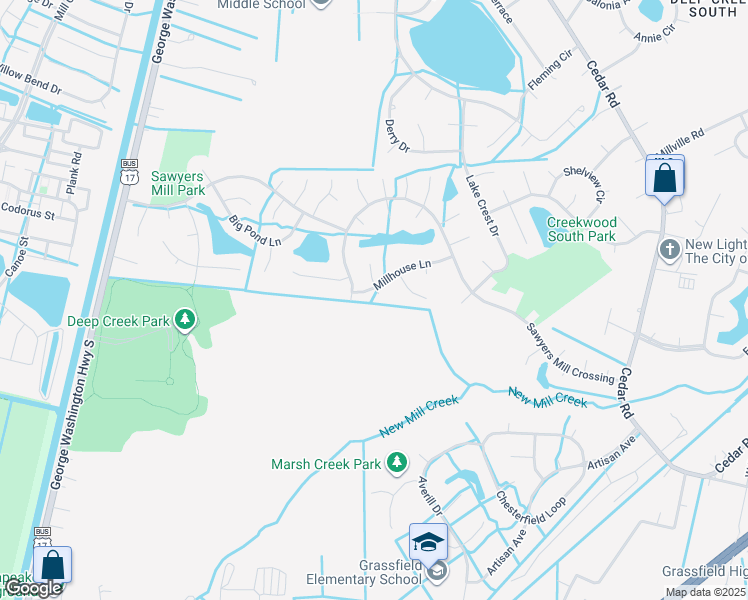 map of restaurants, bars, coffee shops, grocery stores, and more near 402 Undershot Court in Chesapeake