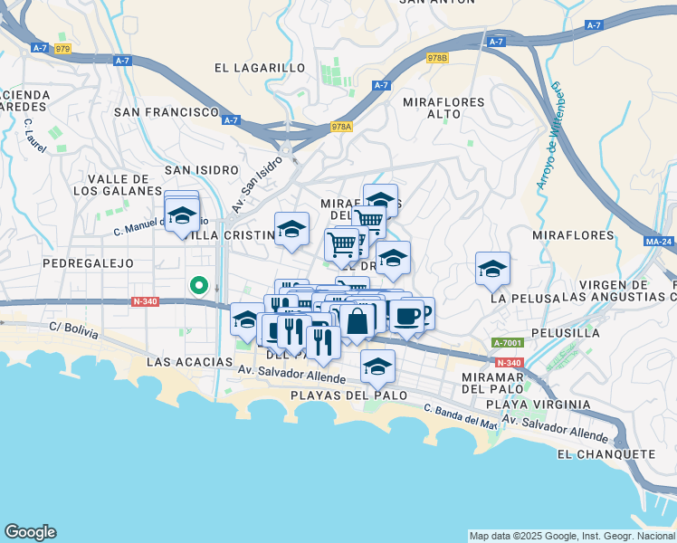 map of restaurants, bars, coffee shops, grocery stores, and more near 43 Calle Valparaíso in Málaga
