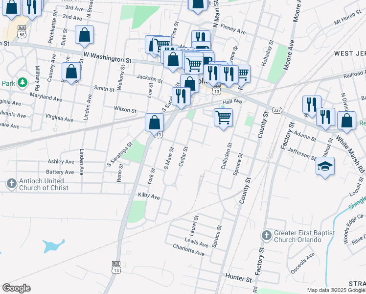map of restaurants, bars, coffee shops, grocery stores, and more near 306 Cedar Street in Suffolk