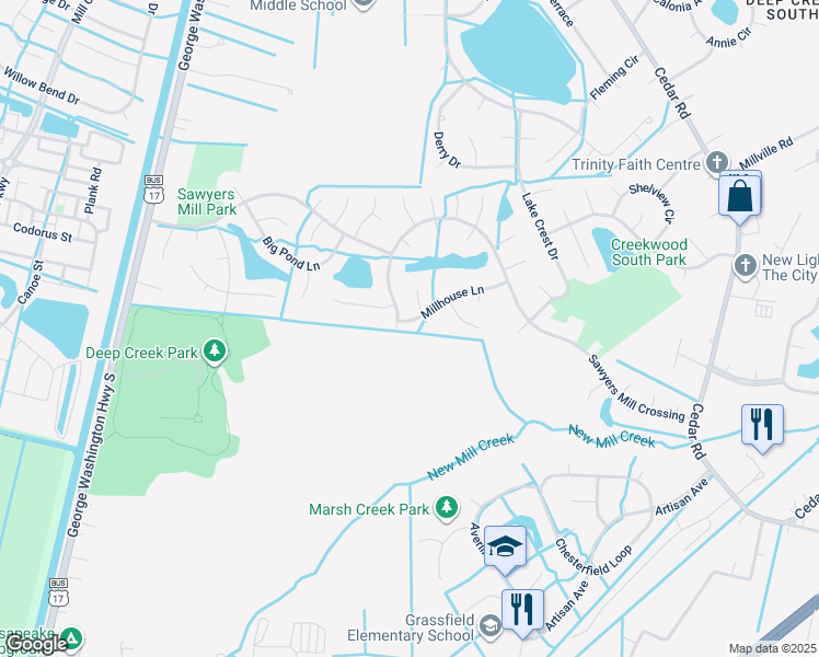 map of restaurants, bars, coffee shops, grocery stores, and more near 2745 Millhouse Lane in Chesapeake