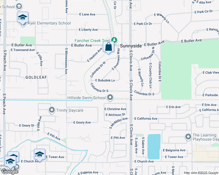 map of restaurants, bars, coffee shops, grocery stores, and more near 5530 Columbia Drive South in Fresno