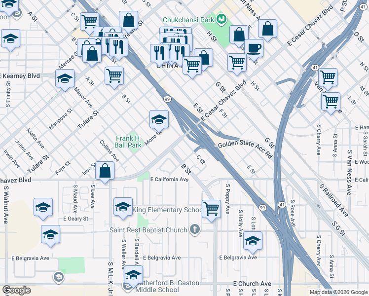 map of restaurants, bars, coffee shops, grocery stores, and more near 1127 Santa Clara Street in Fresno