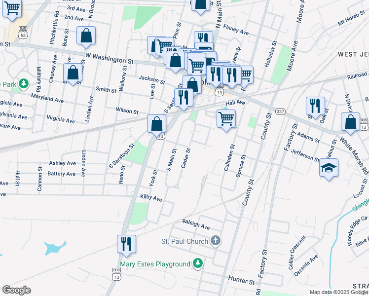 map of restaurants, bars, coffee shops, grocery stores, and more near 306 Cedar Street in Suffolk
