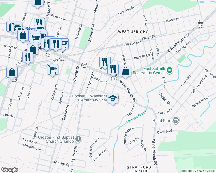 map of restaurants, bars, coffee shops, grocery stores, and more near 143 Maple Street in Suffolk