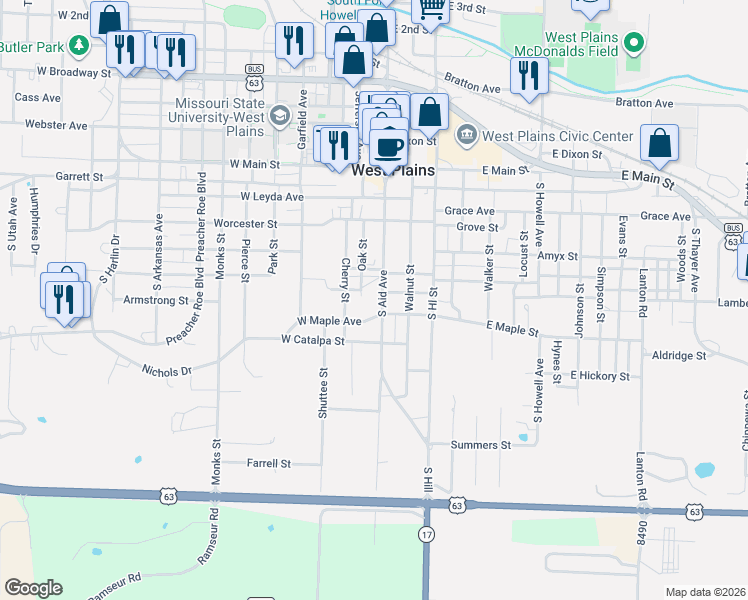 map of restaurants, bars, coffee shops, grocery stores, and more near 100-198 East Maple Street in West Plains
