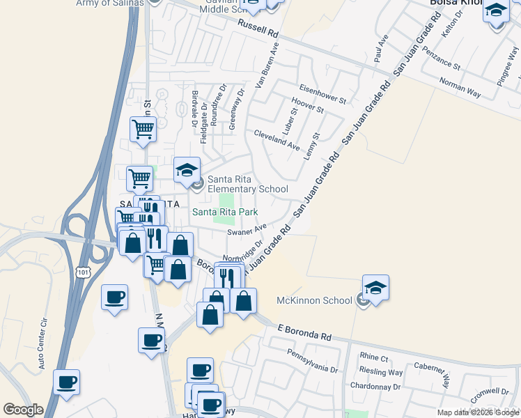map of restaurants, bars, coffee shops, grocery stores, and more near 18634 Northridge Drive in Salinas
