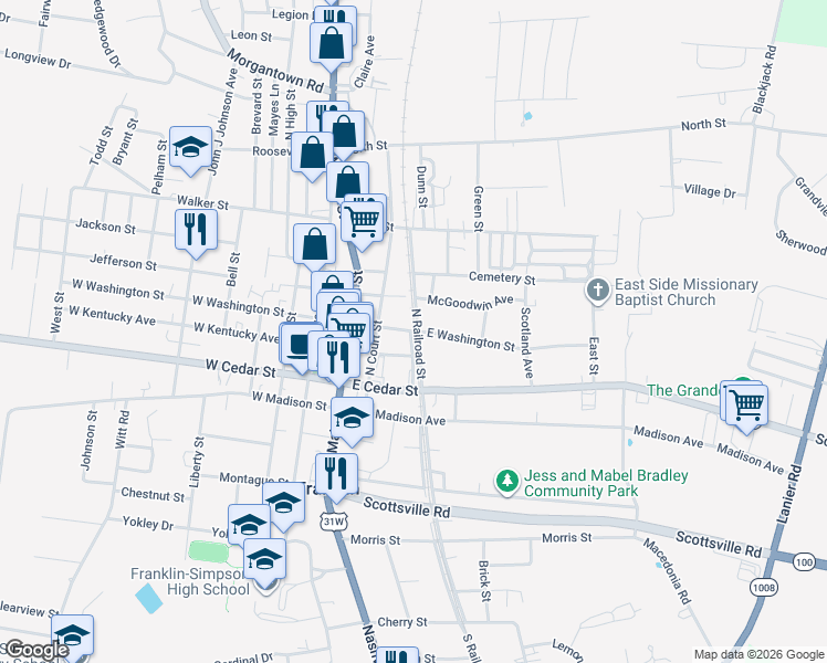 map of restaurants, bars, coffee shops, grocery stores, and more near 201-213 East Kentucky Street in Franklin