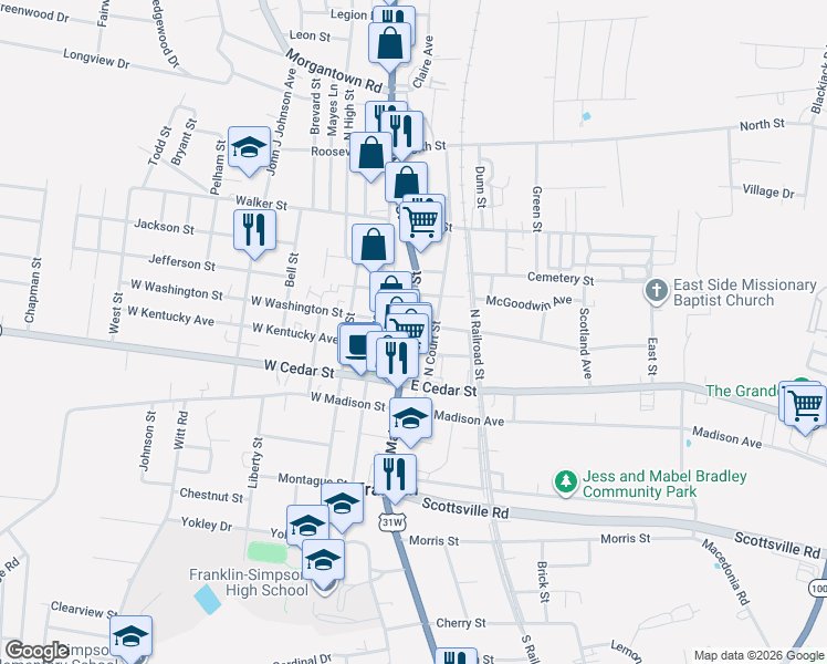map of restaurants, bars, coffee shops, grocery stores, and more near 208 North Main Street in Franklin