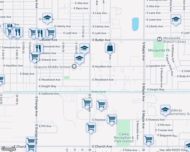 map of restaurants, bars, coffee shops, grocery stores, and more near 2033 South Cedar Avenue in Fresno