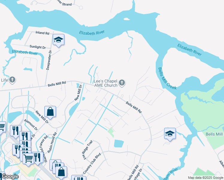 map of restaurants, bars, coffee shops, grocery stores, and more near 1060 Bells Mill Road in Chesapeake