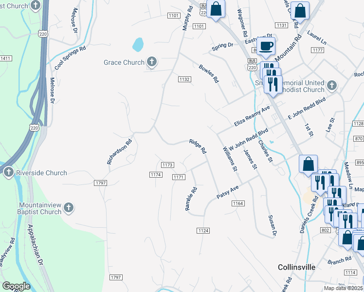 map of restaurants, bars, coffee shops, grocery stores, and more near 373 Ridge Road in Collinsville