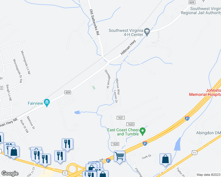 map of restaurants, bars, coffee shops, grocery stores, and more near 160 Stoneybrook Drive in Abingdon