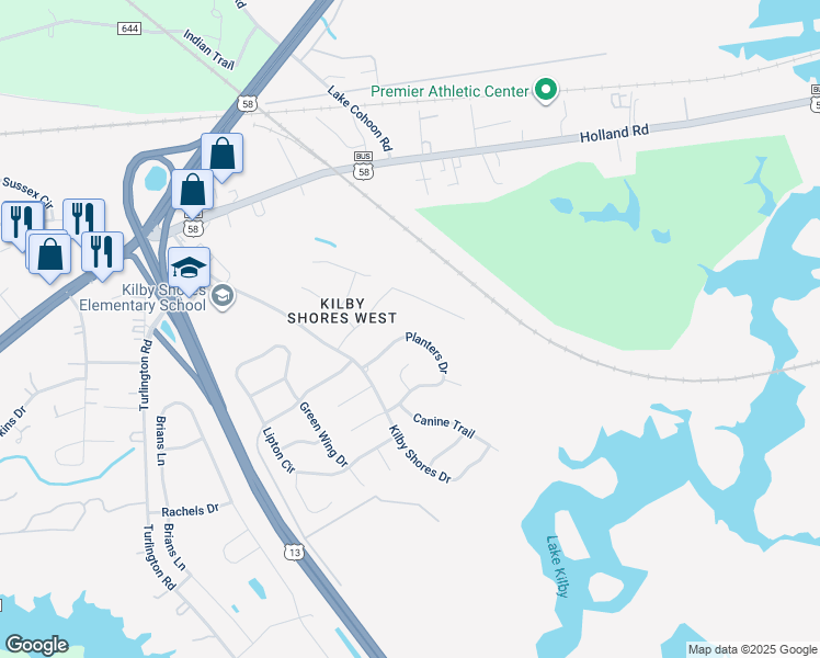 map of restaurants, bars, coffee shops, grocery stores, and more near 1414 Planters Drive in Suffolk