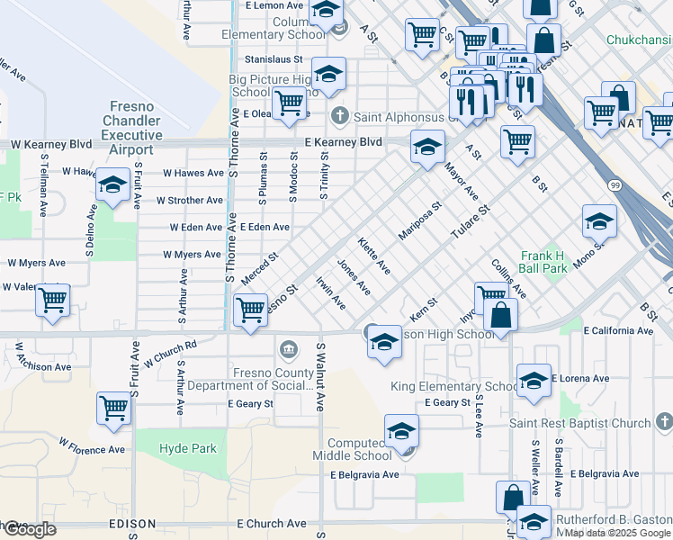 map of restaurants, bars, coffee shops, grocery stores, and more near 1150 Jones Avenue in Fresno