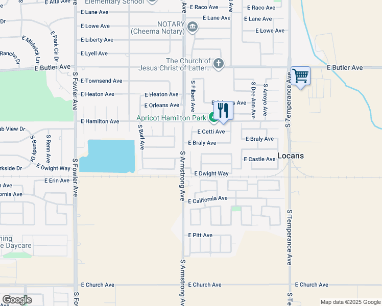 map of restaurants, bars, coffee shops, grocery stores, and more near 915 South Filbert Avenue in Fresno