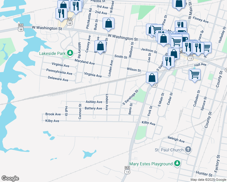 map of restaurants, bars, coffee shops, grocery stores, and more near 423 Saint James Avenue in Suffolk