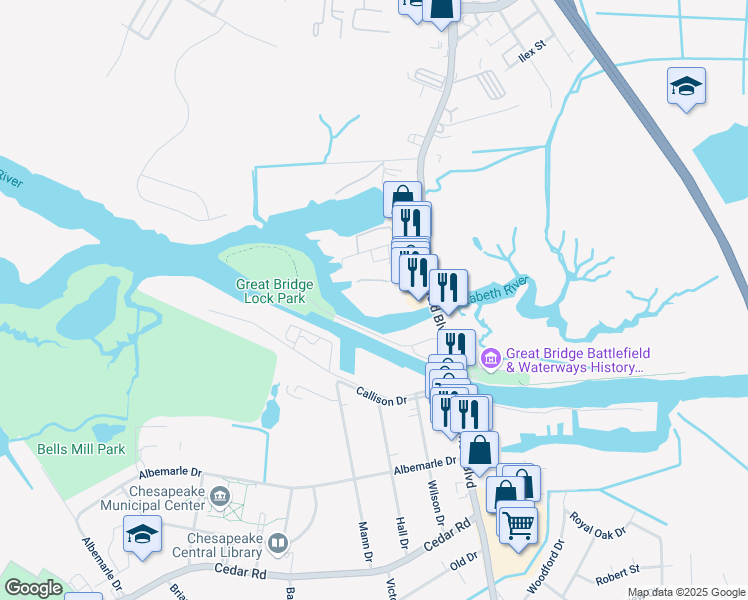 map of restaurants, bars, coffee shops, grocery stores, and more near 176 Harbor Watch Drive in Chesapeake