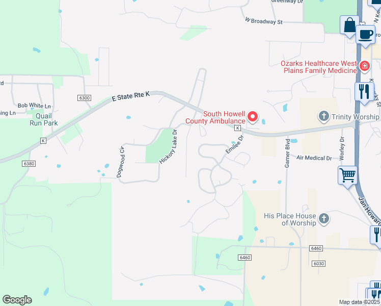 map of restaurants, bars, coffee shops, grocery stores, and more near 712 East Pamela Drive in West Plains