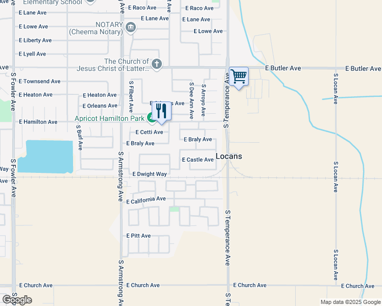 map of restaurants, bars, coffee shops, grocery stores, and more near 6849 East Braly Avenue in Fresno