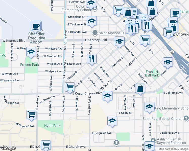 map of restaurants, bars, coffee shops, grocery stores, and more near 1150 Jones Avenue in Fresno