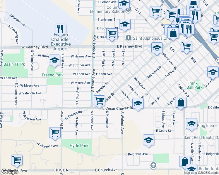 map of restaurants, bars, coffee shops, grocery stores, and more near 235 Merced Street in Fresno